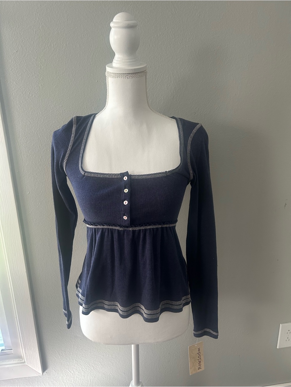 Women’s Navy Long-Sleeve Babydoll Henley Top